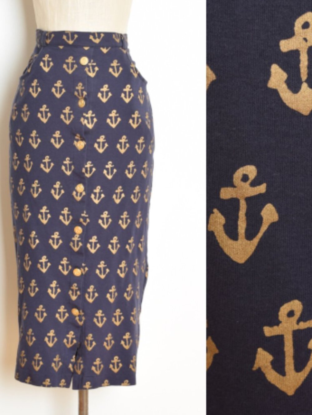 vintage 80s skirt navy gold anchor print nautical high waisted slim midi S M